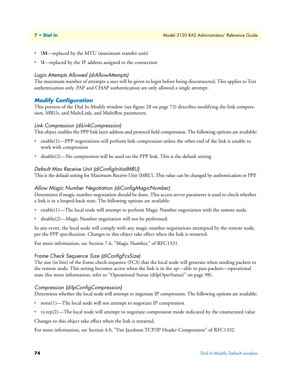 Login attempts allowed (diallowattempts), Modify configuration, Link compression (dilinkcompression) | Default max receive unit (diconfiginitialmru), Frame check sequence size (diconfigfcssize), Compression (diipconfigcompression) | Patton electronic 3120 User Manual | Page 74 / 331