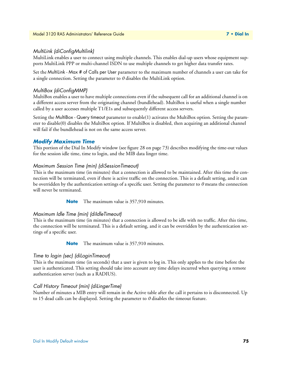 Multilink (diconfigmultilink), Multibox (diconfigmmp), Modify maximum time | Maximum session time (min) (disessiontimeout), Maximum idle time (min) (diidletimeout), Time to login (sec) (dilogintimeout), Call history timeout (min) (dilingertime) | Patton electronic 3120 User Manual | Page 75 / 331