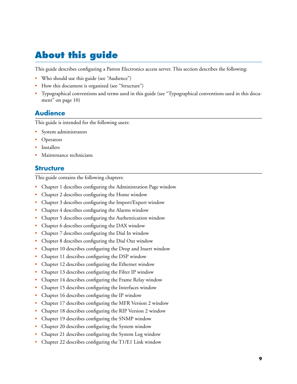 About this guide, Audience, Structure | Audience structure | Patton electronic 3120 User Manual | Page 9 / 331