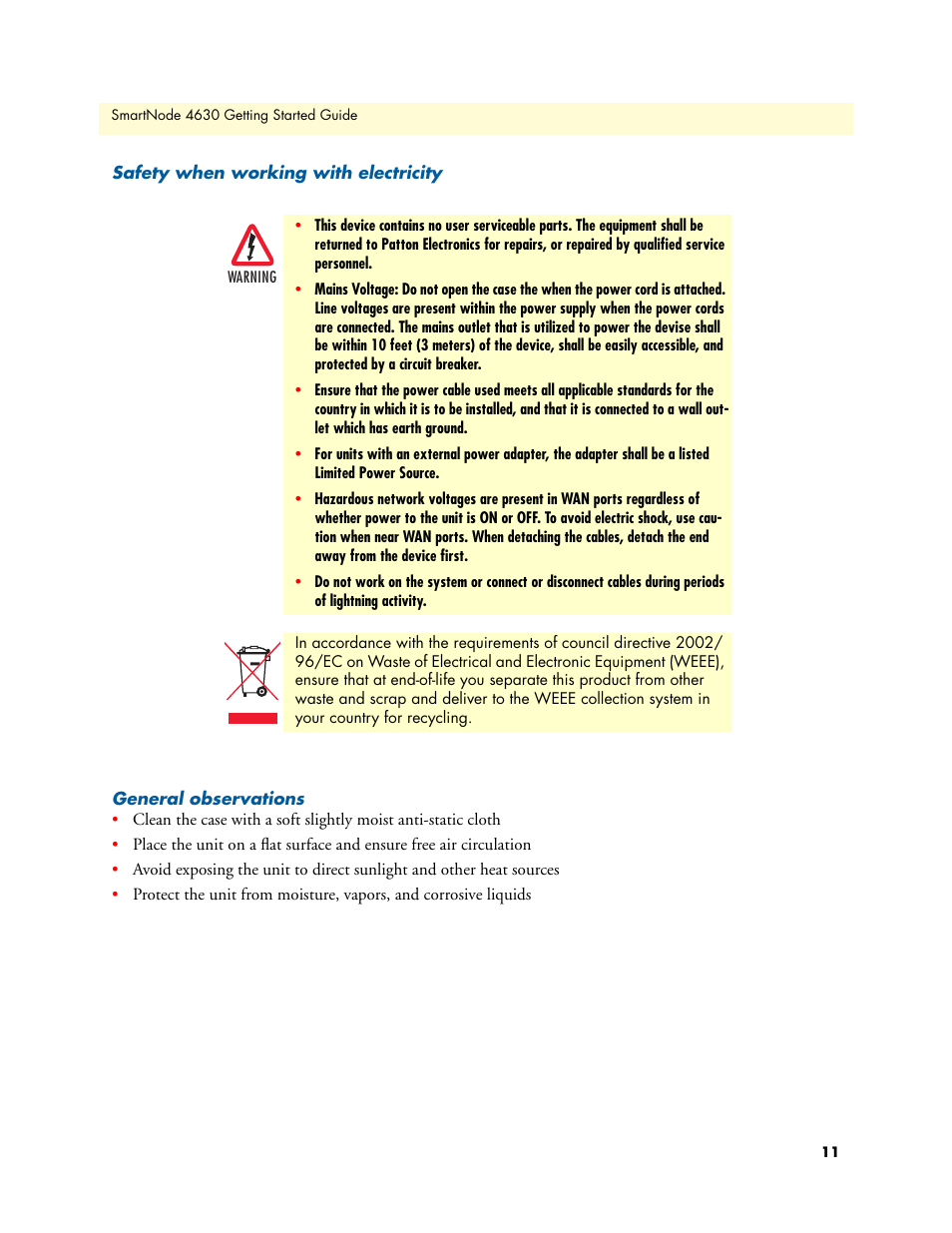 Safety when working with electricity, General observations | Patton electronic 4630 Series User Manual | Page 11 / 54