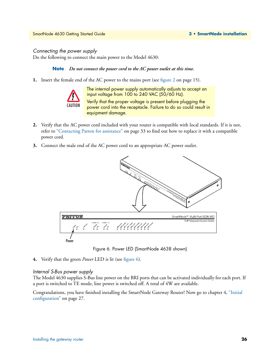 Connecting the power supply, Internal s-bus power supply, Power led (smartnode 4638 shown) | Patton electronic 4630 Series User Manual | Page 26 / 54