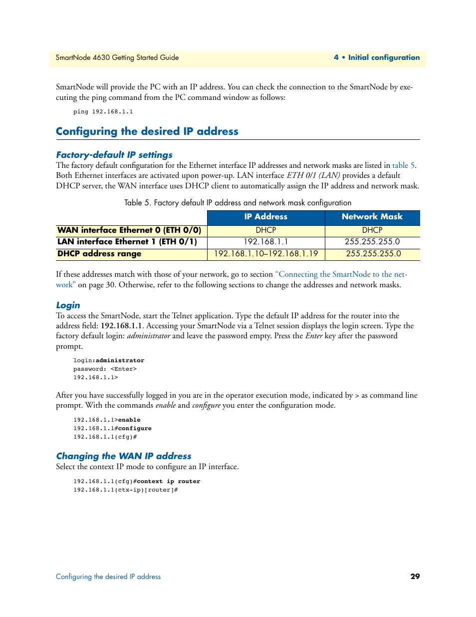 Configuring the desired ip address, Factory-default ip settings, Login | Changing the wan ip address | Patton electronic 4630 Series User Manual | Page 29 / 54