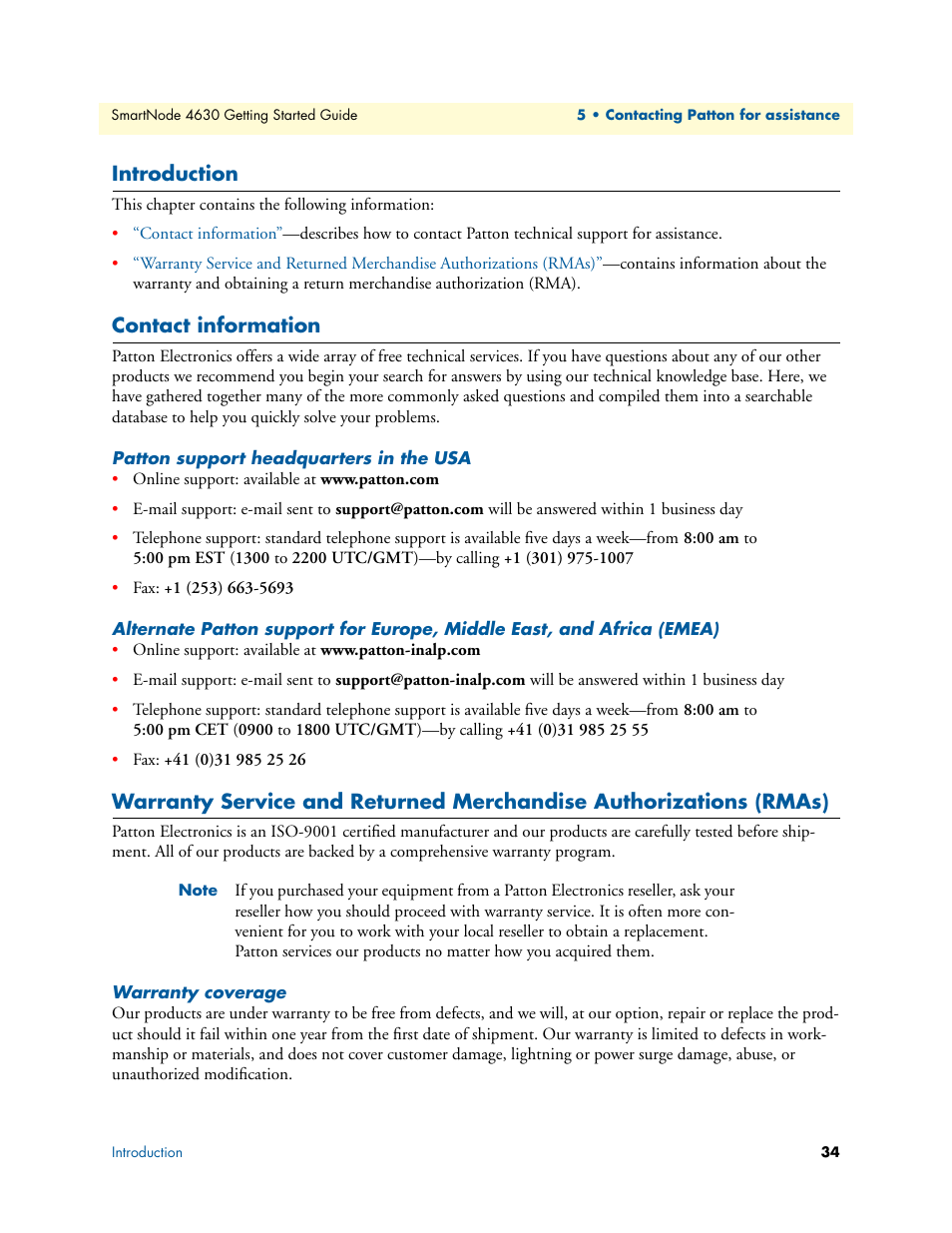 Introduction, Contact information, Patton support headquarters in the usa | Warranty coverage | Patton electronic 4630 Series User Manual | Page 34 / 54