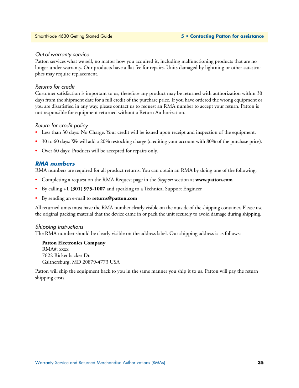 Out-of-warranty service, Returns for credit, Return for credit policy | Rma numbers, Shipping instructions | Patton electronic 4630 Series User Manual | Page 35 / 54
