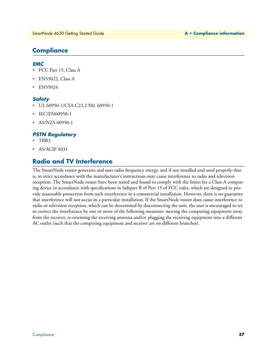 Compliance, Safety, Pstn regulatory | Radio and tv interference | Patton electronic 4630 Series User Manual | Page 37 / 54