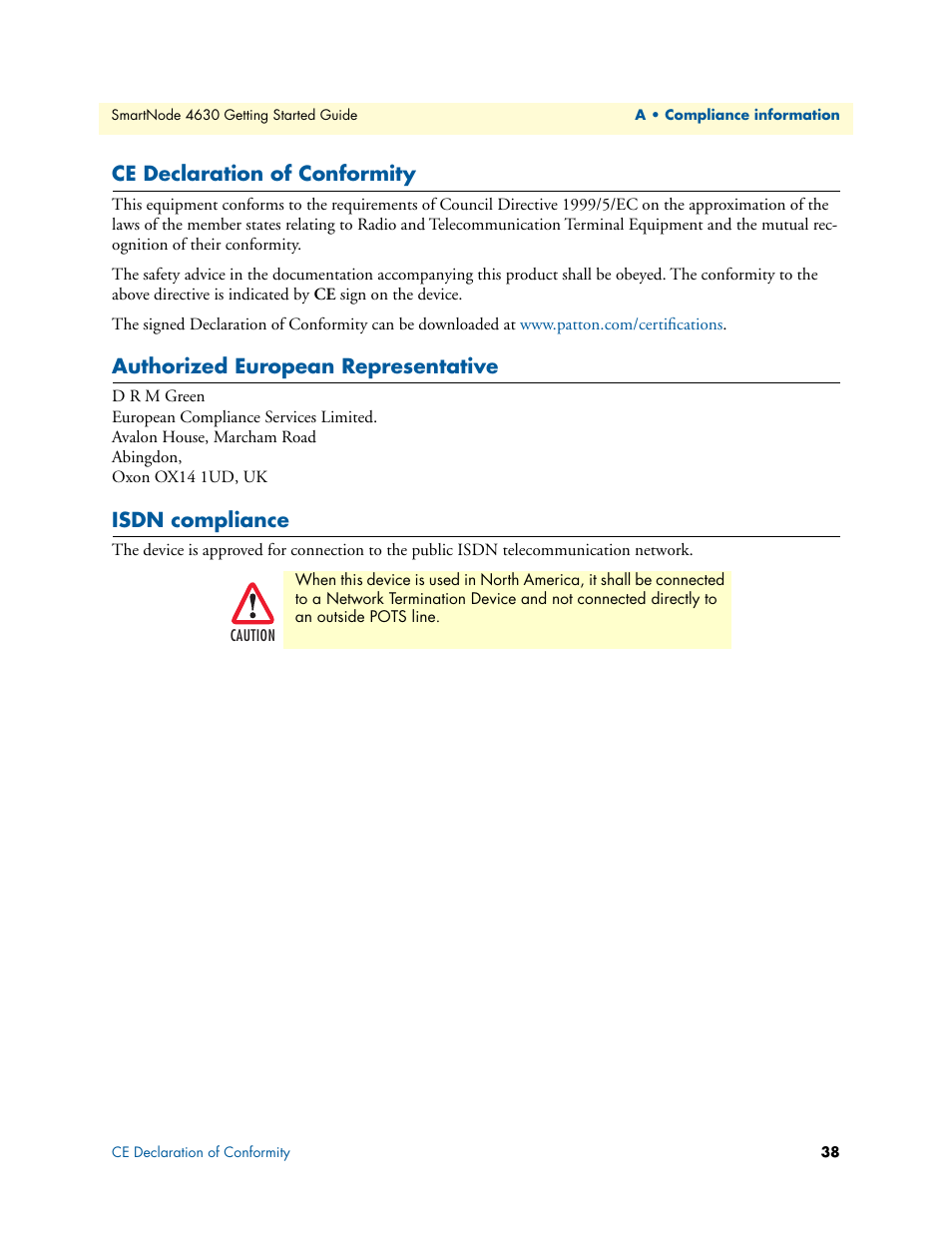 Ce declaration of conformity, Authorized european representative, Isdn compliance | Patton electronic 4630 Series User Manual | Page 38 / 54