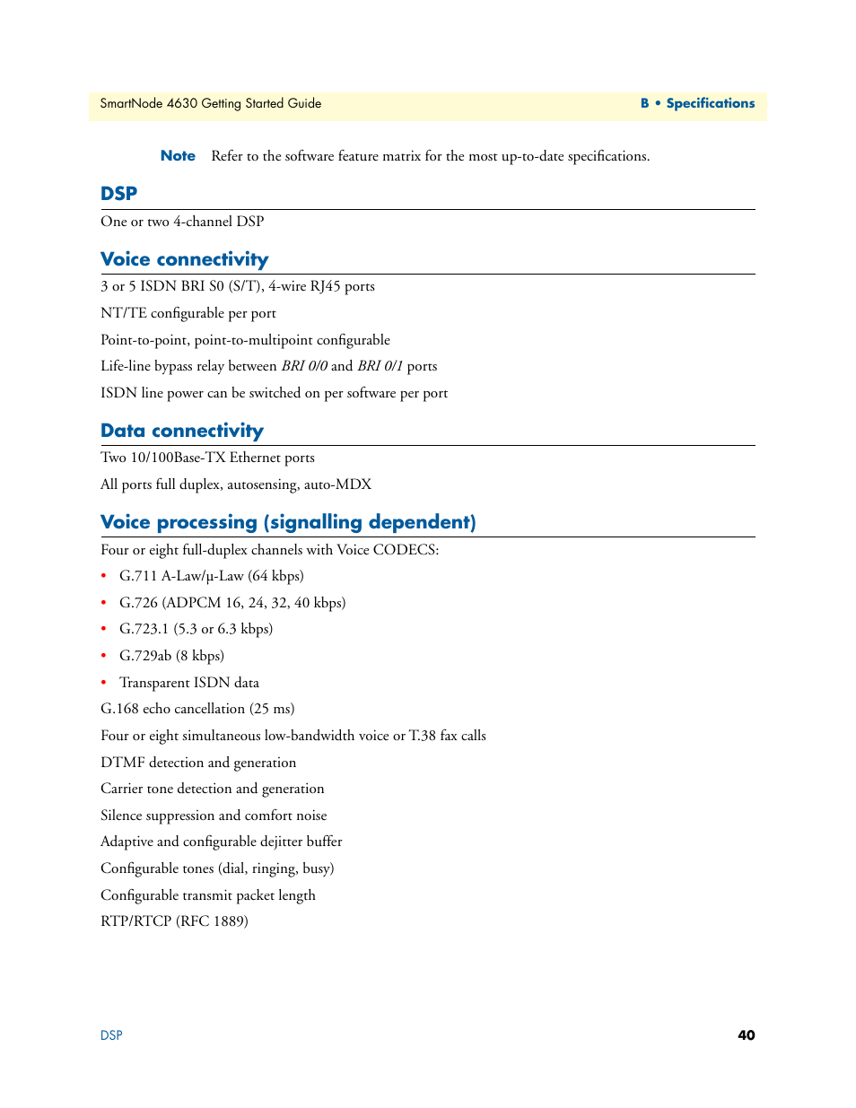 Voice connectivity, Data connectivity, Voice processing (signalling dependent) | Patton electronic 4630 Series User Manual | Page 40 / 54