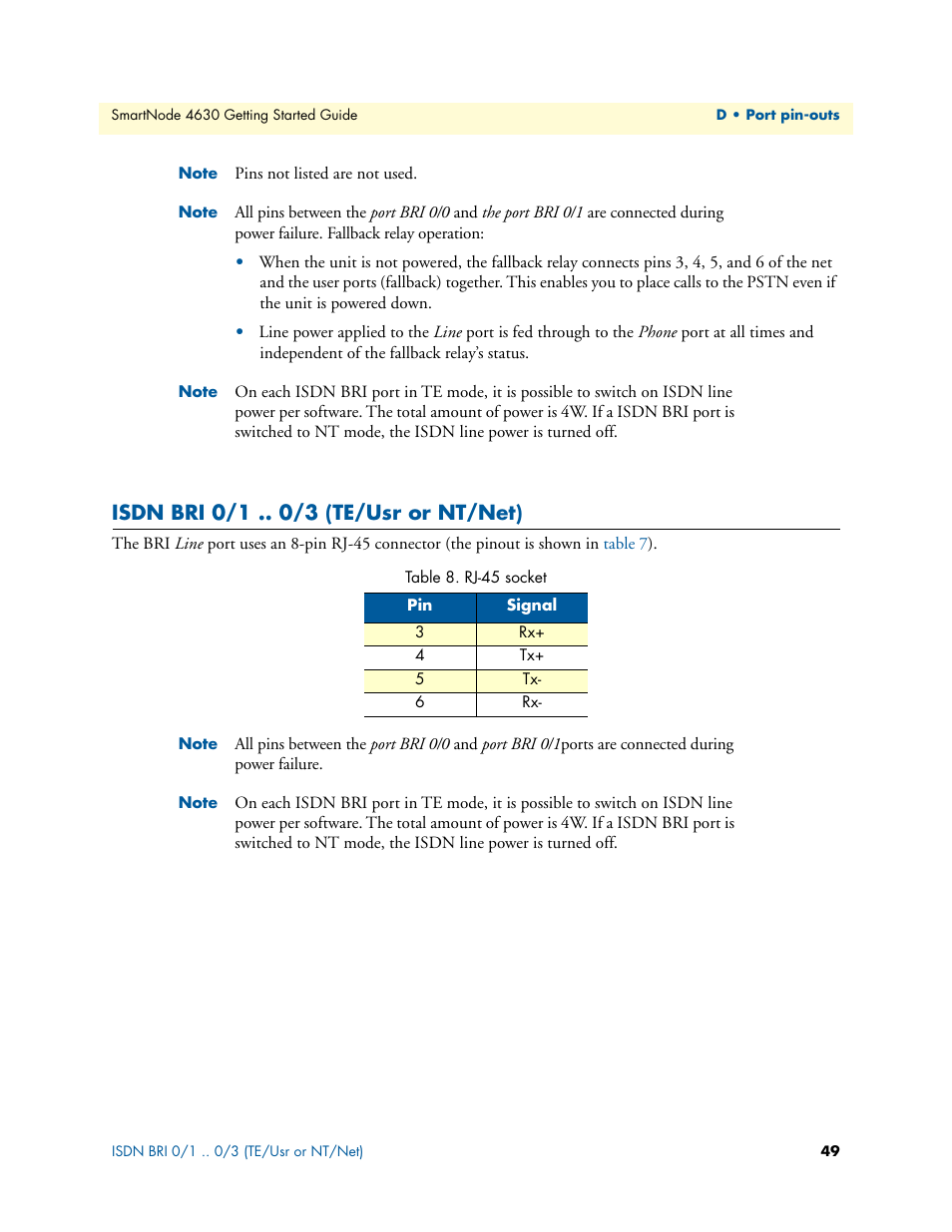 Isdn bri 0/1 /3 (te/usr or nt/net), Rj-45 socket | Patton electronic 4630 Series User Manual | Page 49 / 54