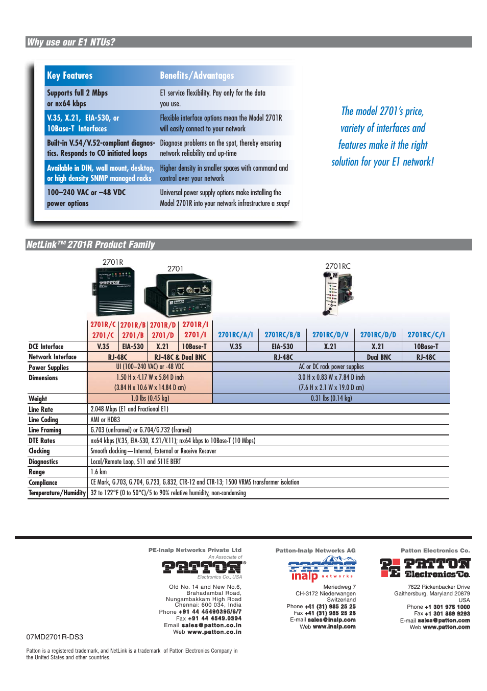 Key features benefits/advantages | Patton electronic 2701R User Manual | Page 2 / 2