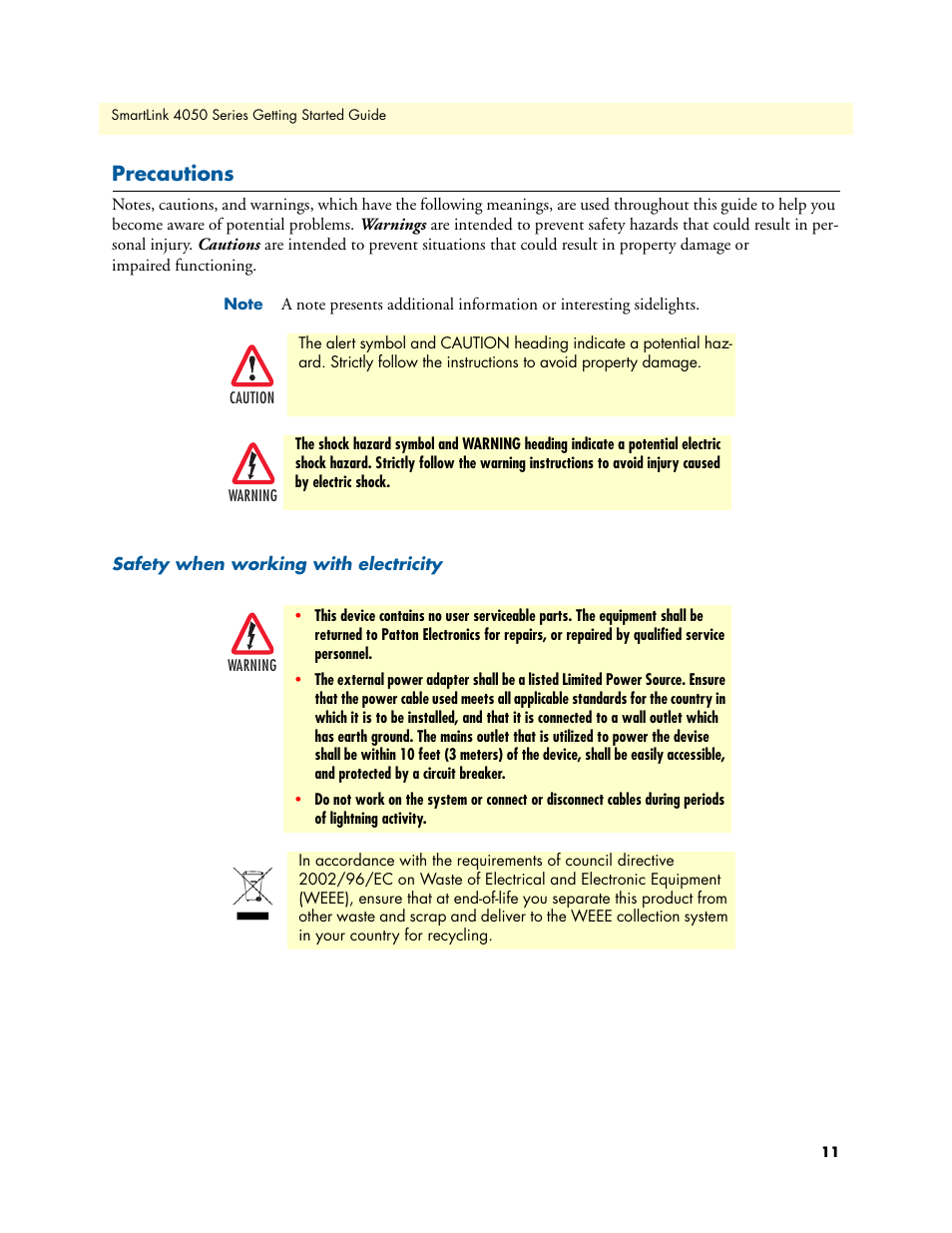 Precautions, Safety when working with electricity | Patton electronic SL4050/B2/E User Manual | Page 11 / 79