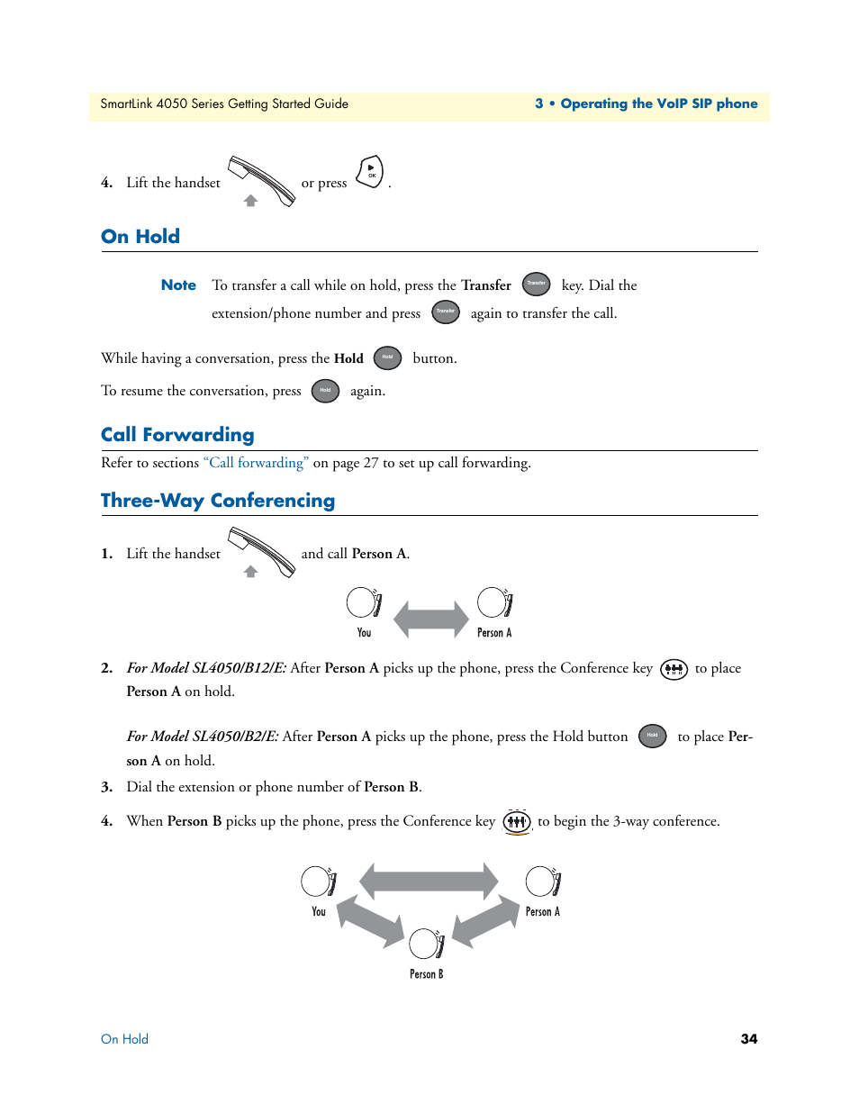 On hold, Call forwarding, Three-way conferencing | Patton electronic SL4050/B2/E User Manual | Page 34 / 79