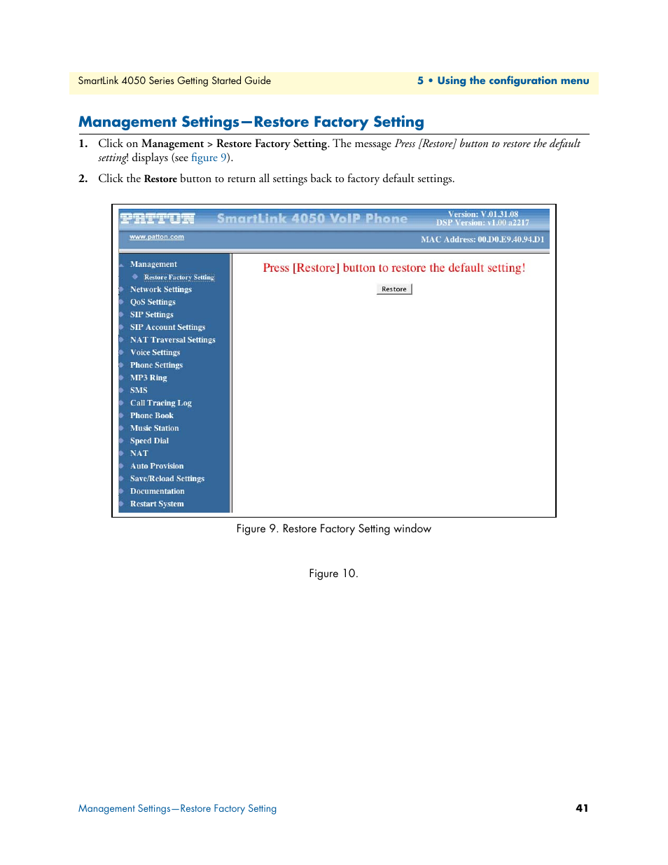 Management settings—restore factory setting, Restore factory setting window | Patton electronic SL4050/B2/E User Manual | Page 41 / 79