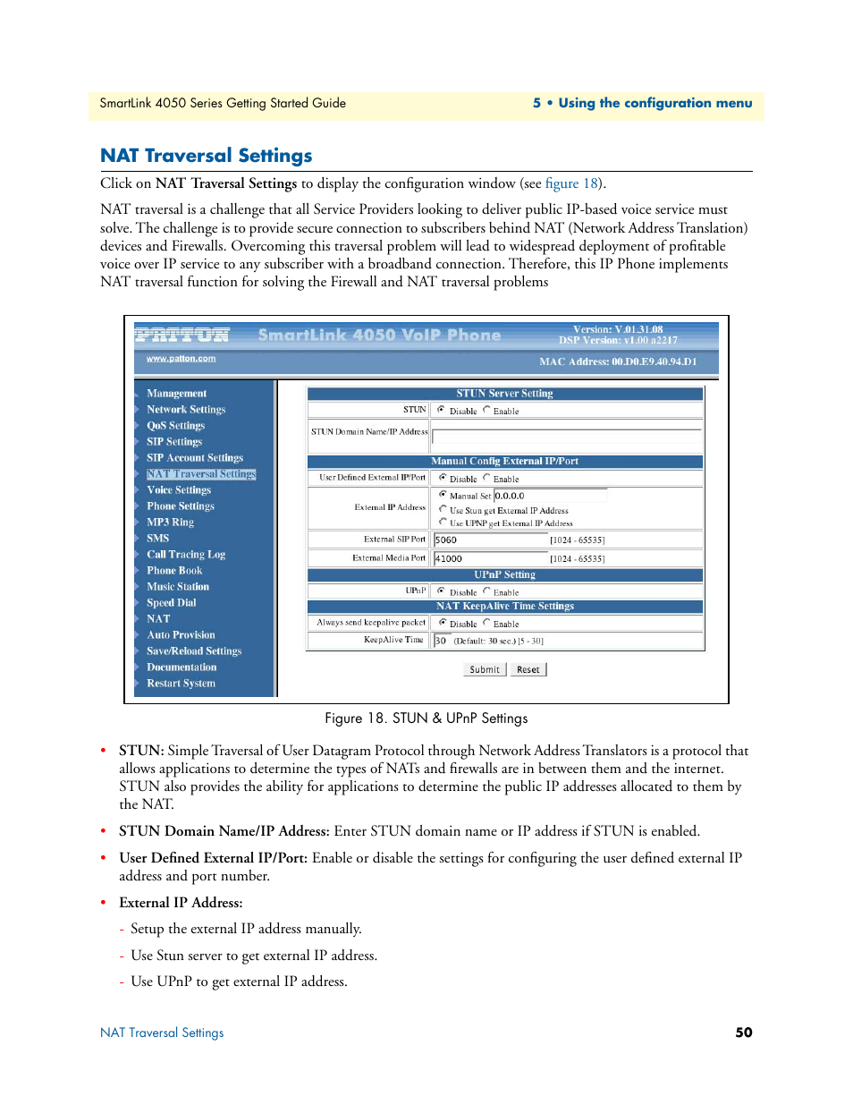 Nat traversal settings, Stun & upnp settings | Patton electronic SL4050/B2/E User Manual | Page 50 / 79