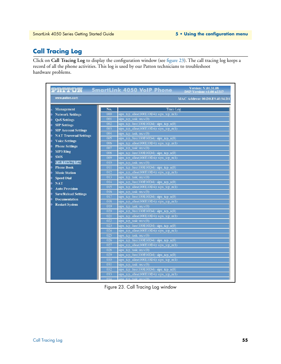 Call tracing log, Call tracing log window | Patton electronic SL4050/B2/E User Manual | Page 55 / 79