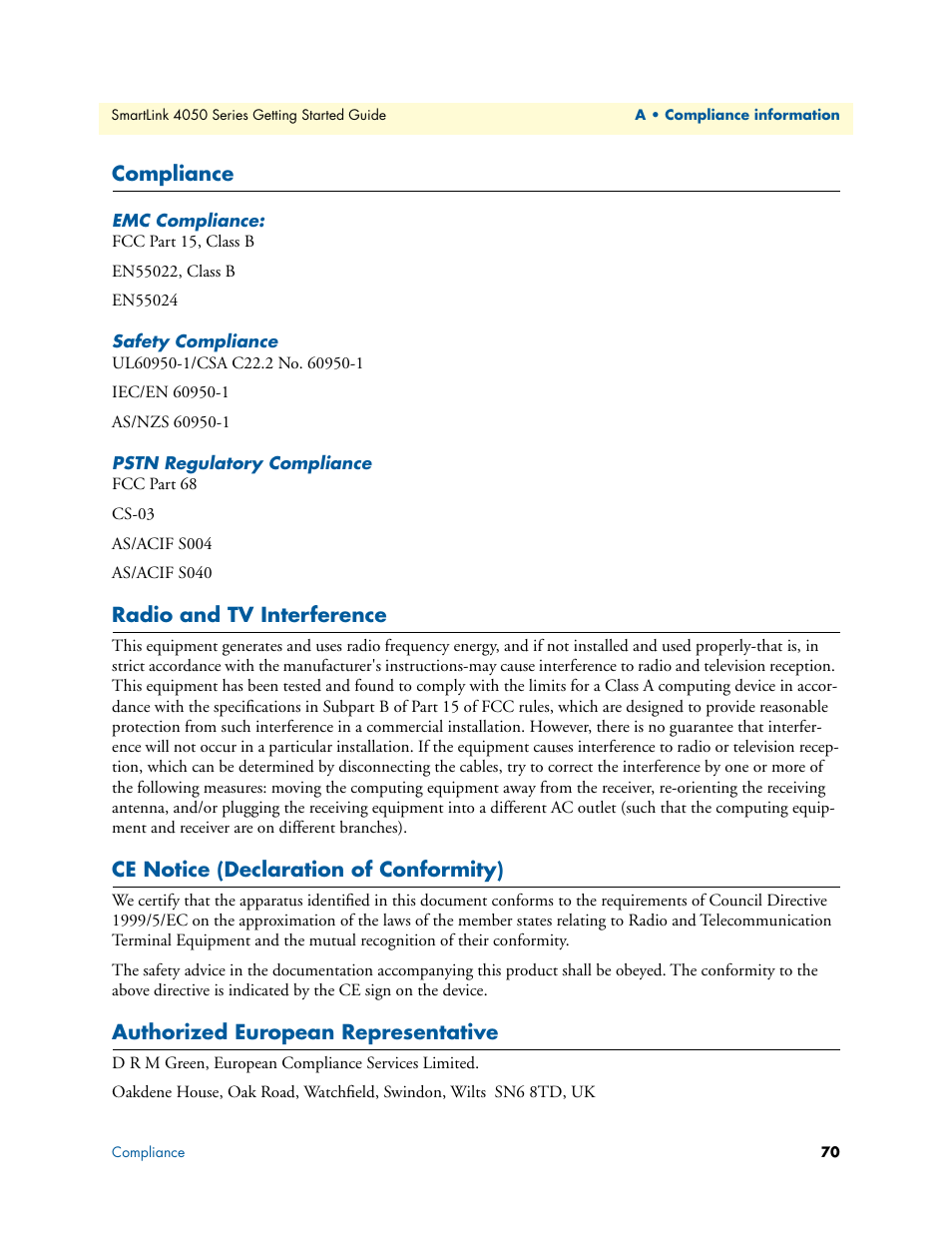 Compliance, Emc compliance, Safety compliance | Pstn regulatory compliance, Radio and tv interference, Ce notice (declaration of conformity), Authorized european representative | Patton electronic SL4050/B2/E User Manual | Page 70 / 79