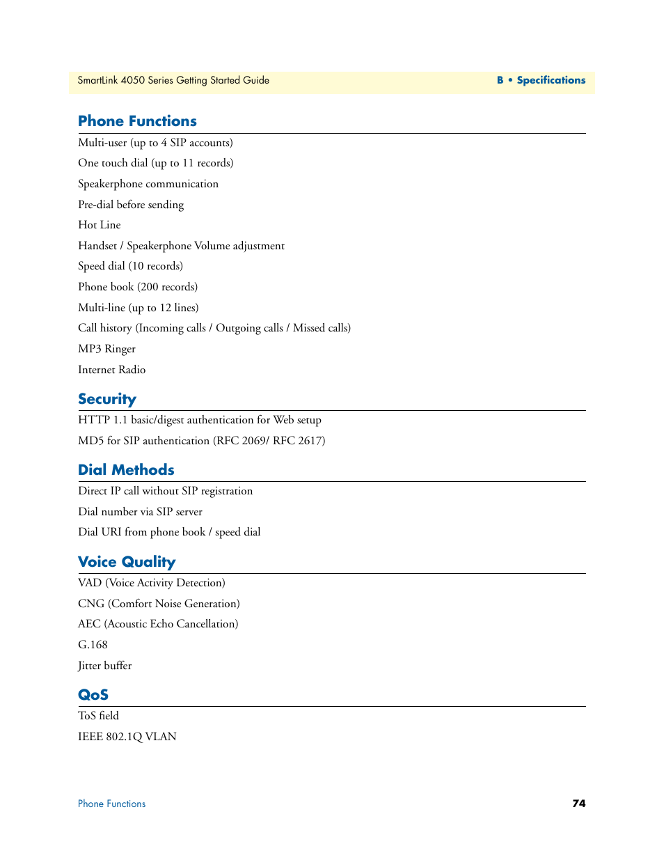 Phone functions, Security, Dial methods | Voice quality | Patton electronic SL4050/B2/E User Manual | Page 74 / 79