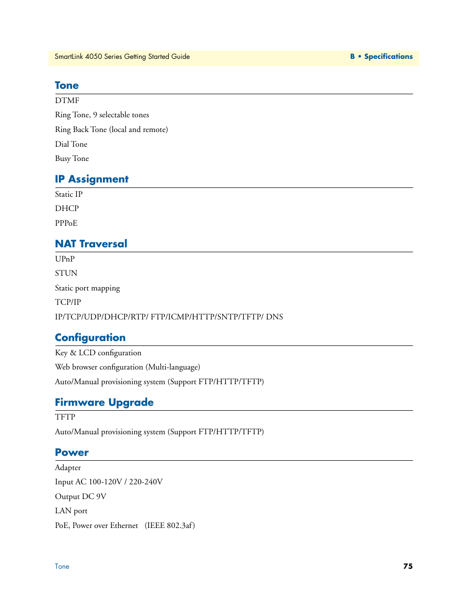 Tone, Ip assignment, Nat traversal | Configuration, Firmware upgrade, Power | Patton electronic SL4050/B2/E User Manual | Page 75 / 79