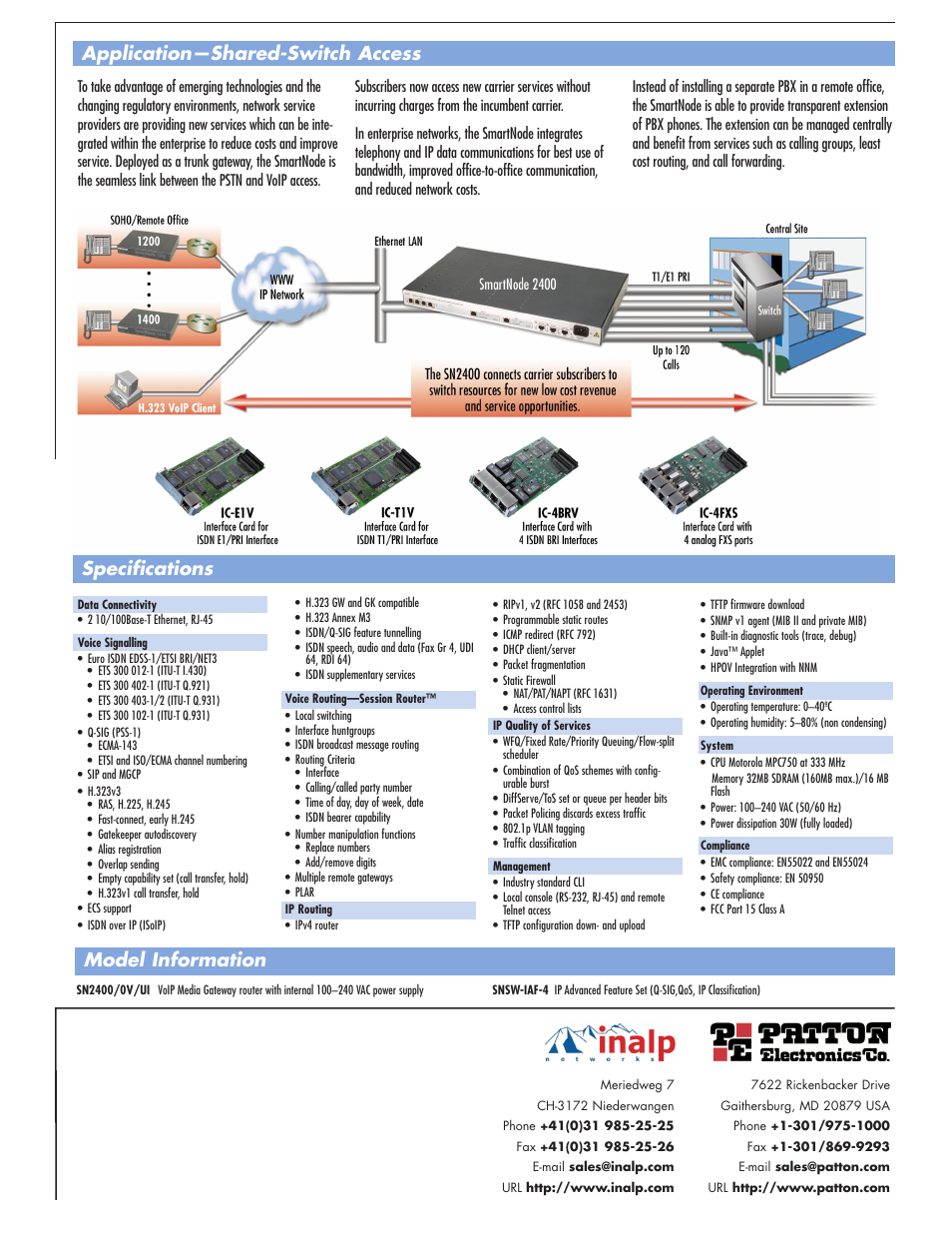 Model information application—shared-switch access, Specifications | Patton electronic Patton SmartNode 2400 Series User Manual | Page 2 / 2