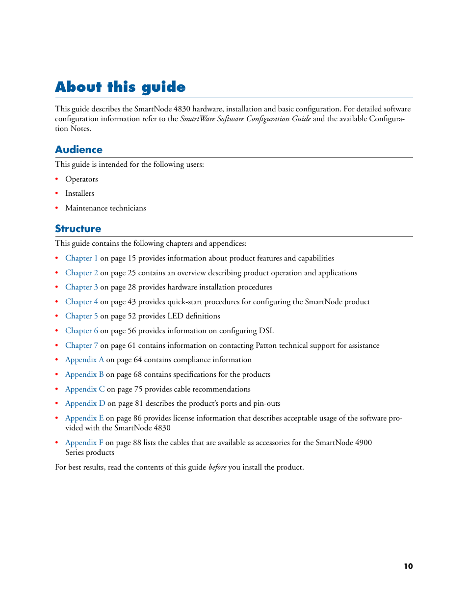 About this guide, Audience, Structure | List of figures | Patton electronic SmartNode 4830 Series User Manual | Page 10 / 89