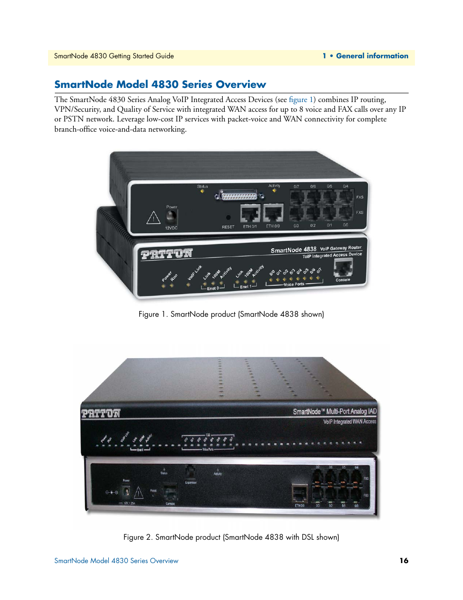 Smartnode model 4830 series overview, Smartnode product (smartnode 4838 shown), Smartnode product (smartnode 4838 with dsl shown) | Patton electronic SmartNode 4830 Series User Manual | Page 16 / 89