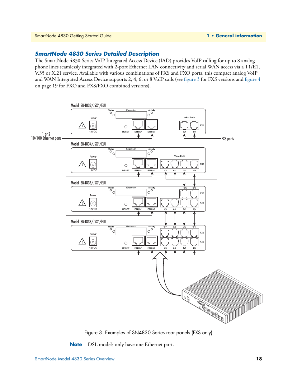 Smartnode 4830 series detailed description, Examples of sn4830 series rear panels (fxs only), Dsl models only have one ethernet port | Patton electronic SmartNode 4830 Series User Manual | Page 18 / 89