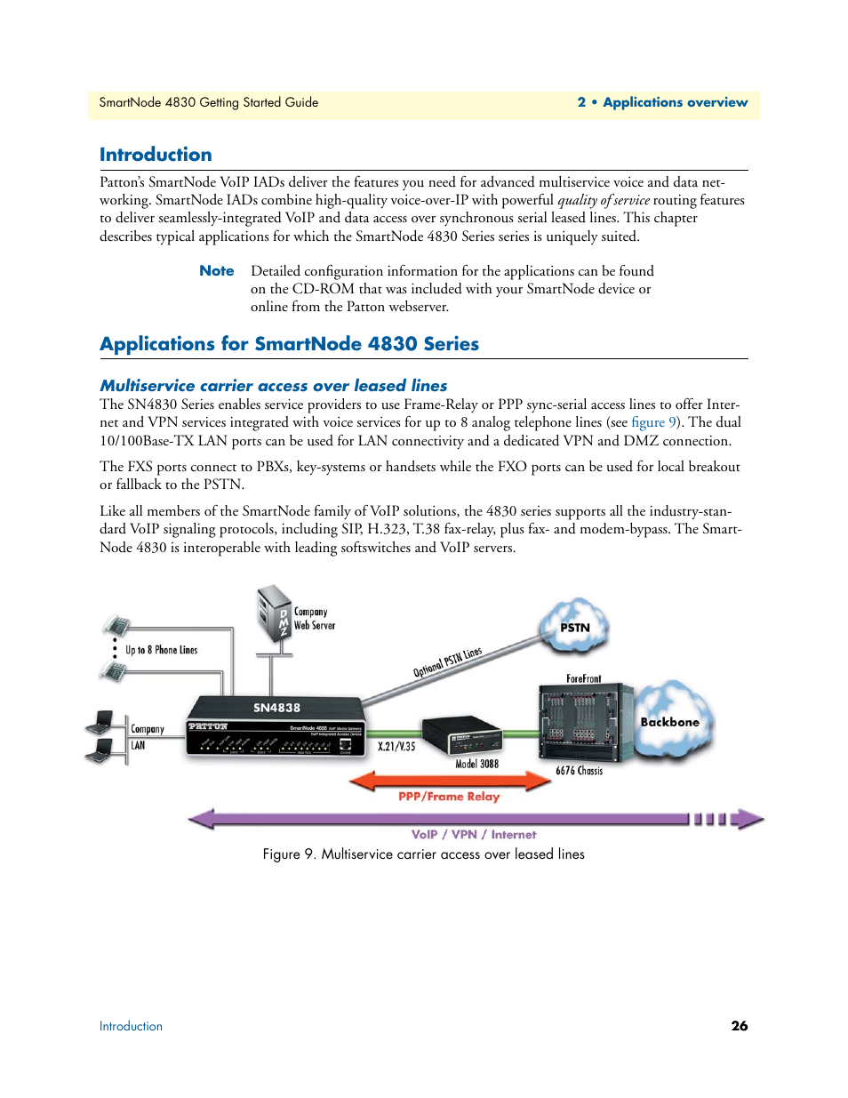 Introduction, Applications for smartnode 4830 series, Multiservice carrier access over leased lines | Patton electronic SmartNode 4830 Series User Manual | Page 26 / 89