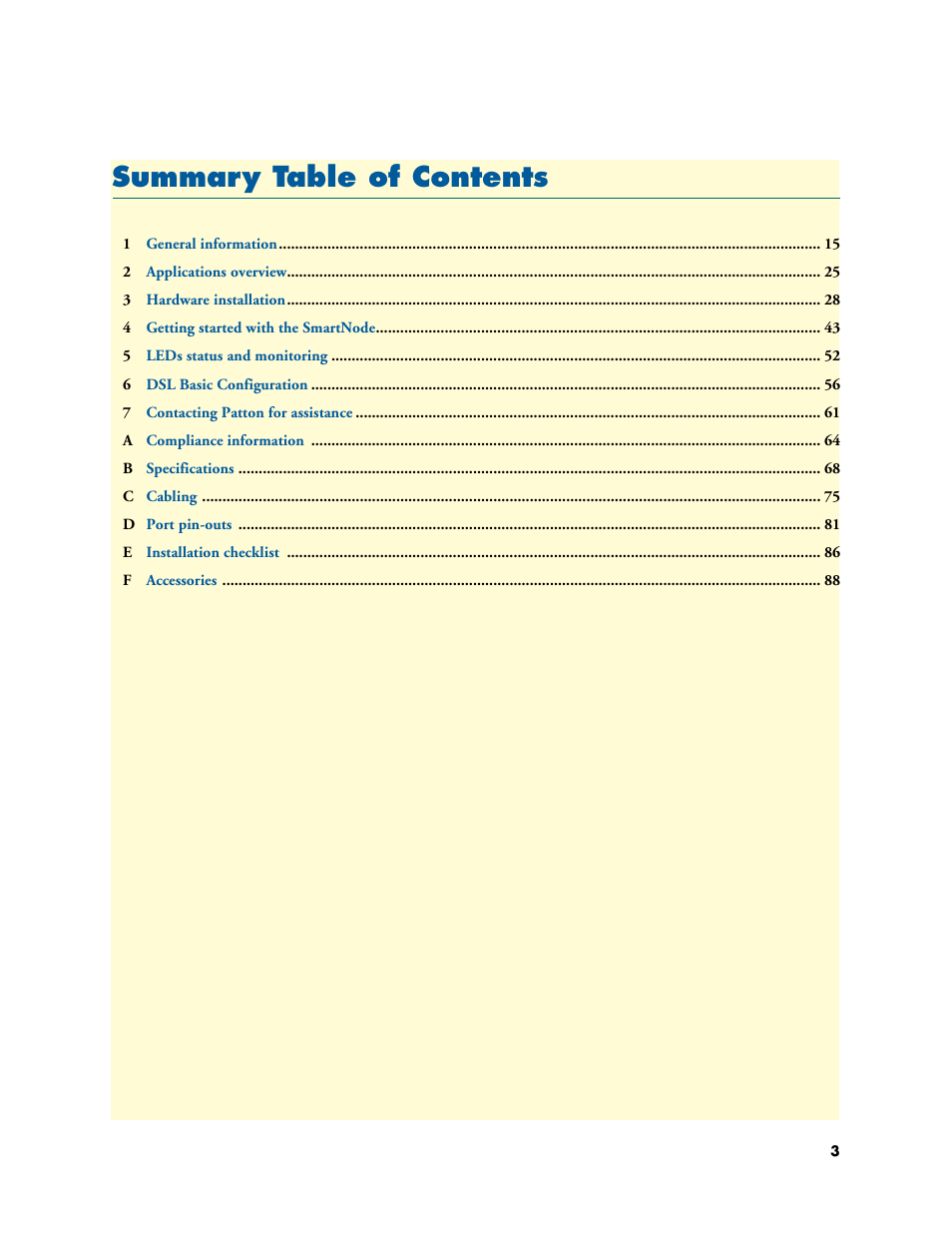 Summary table of contents, Summar y table of contents | Patton electronic SmartNode 4830 Series User Manual | Page 3 / 89