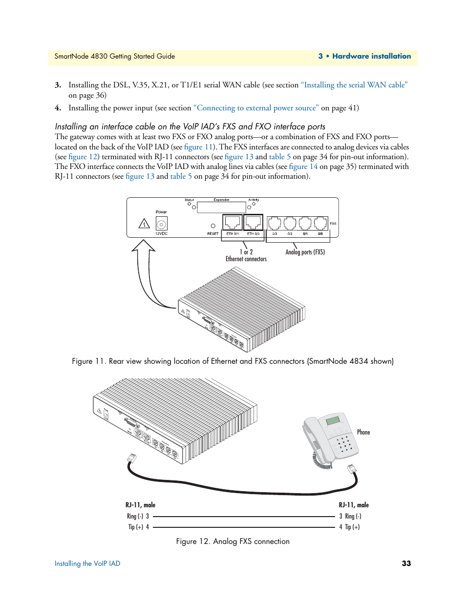 Analog fxs connection, T (fxs) cable or cables (see section, Installing an interface cable on the voip | Iad’s fxs and fxo interface ports | Patton electronic SmartNode 4830 Series User Manual | Page 33 / 89