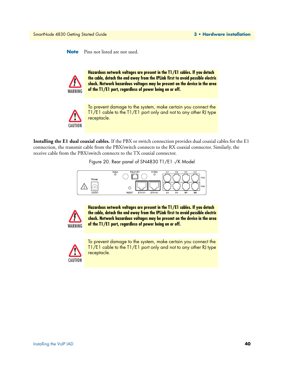 Installing the e1 dual coaxial cables, Rear panel of sn4830 t1/e1 -/k model, Ee section | Patton electronic SmartNode 4830 Series User Manual | Page 40 / 89