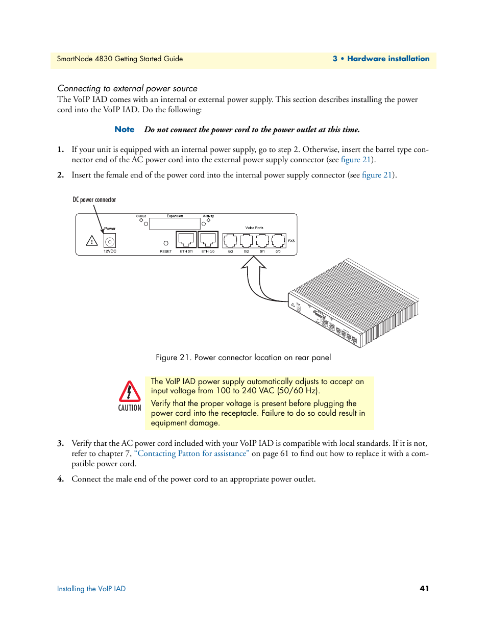 Connecting to external power source, Power connector location on rear panel, Er input (see section | Patton electronic SmartNode 4830 Series User Manual | Page 41 / 89