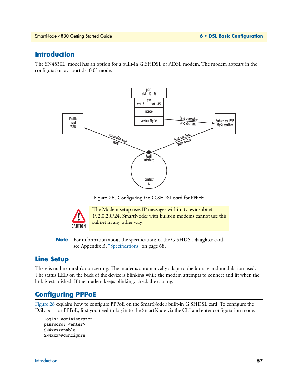 Introduction, Line setup, Configuring pppoe | Configuring the g.shdsl card for pppoe | Patton electronic SmartNode 4830 Series User Manual | Page 57 / 89