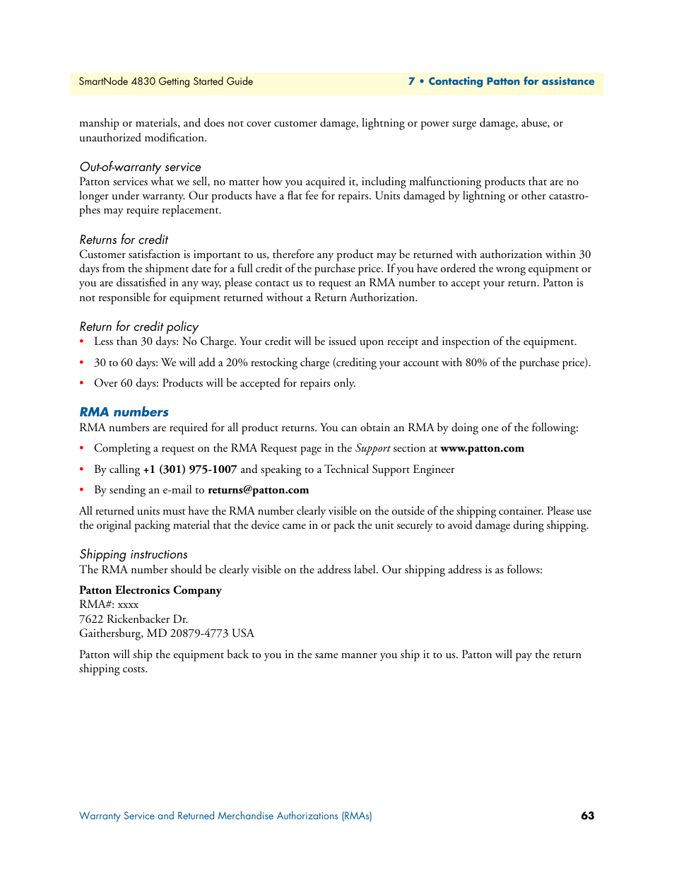 Out-of-warranty service, Returns for credit, Return for credit policy | Rma numbers, Shipping instructions | Patton electronic SmartNode 4830 Series User Manual | Page 63 / 89