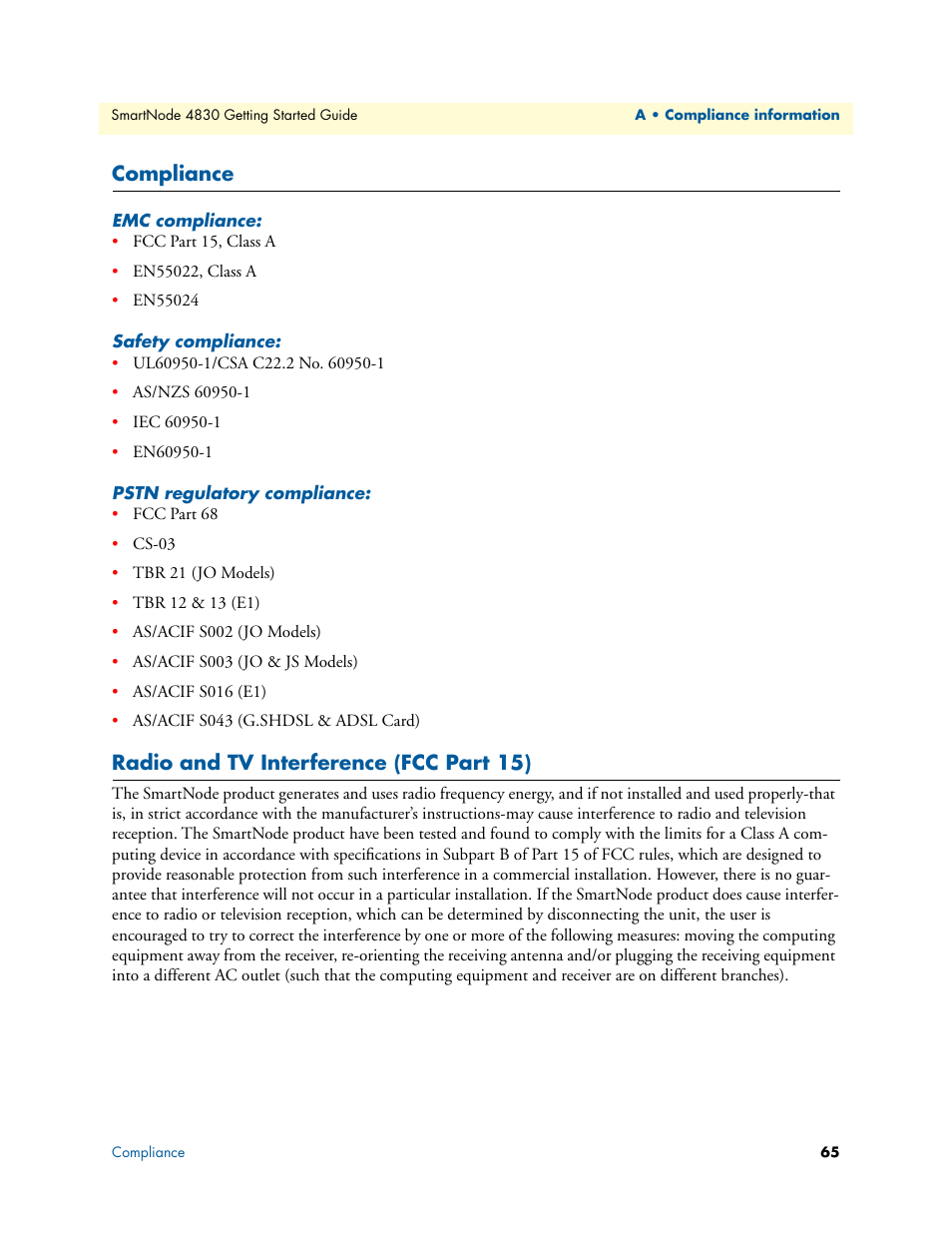 Compliance, Emc compliance, Safety compliance | Pstn regulatory compliance, Radio and tv interference (fcc part 15) | Patton electronic SmartNode 4830 Series User Manual | Page 65 / 89