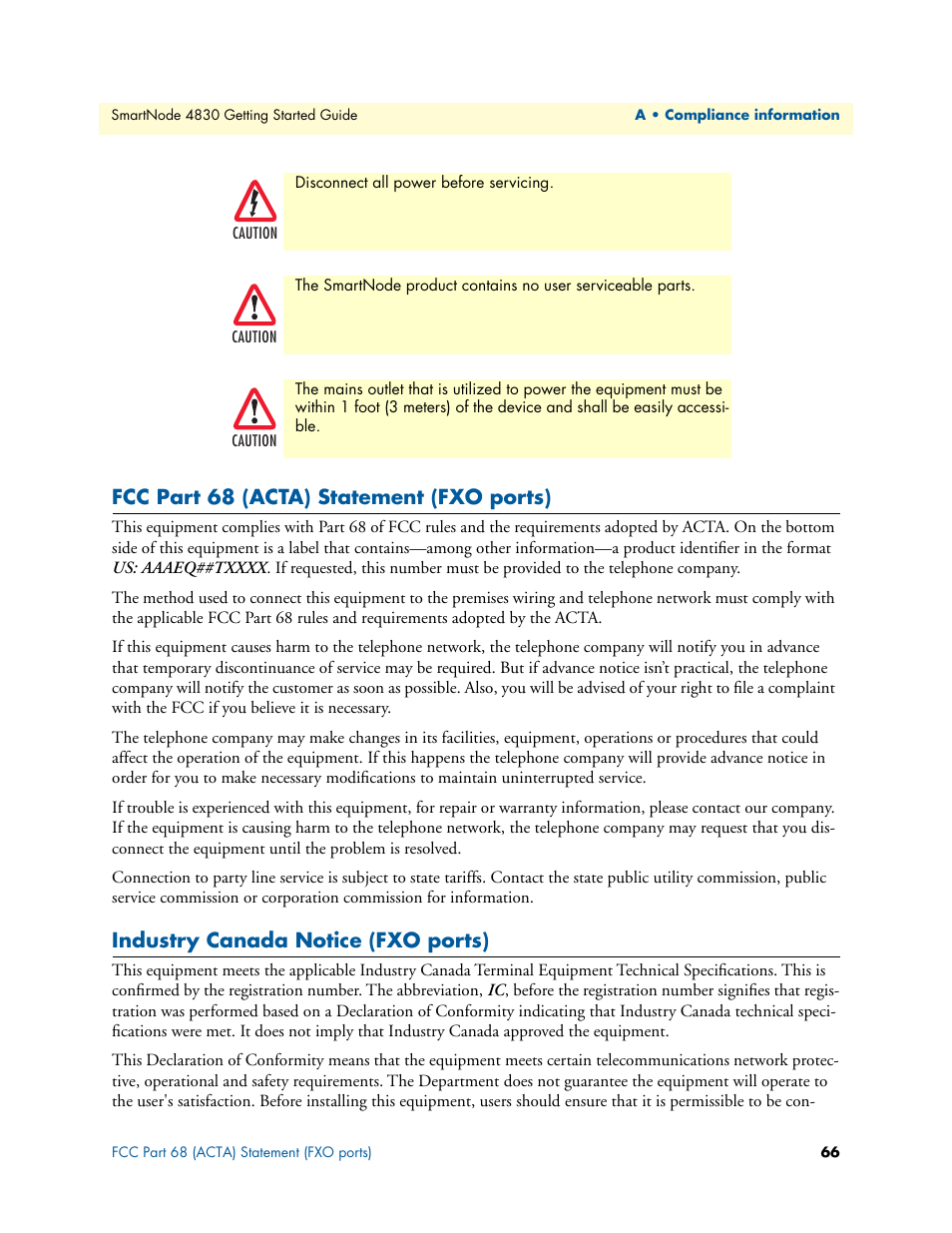Fcc part 68 (acta) statement (fxo ports), Industry canada notice (fxo ports) | Patton electronic SmartNode 4830 Series User Manual | Page 66 / 89