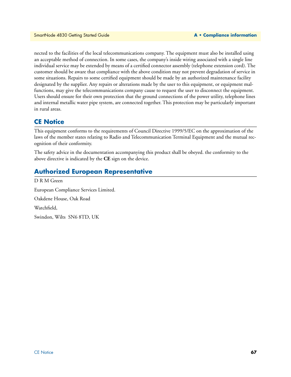 Ce notice, Authorized european representative | Patton electronic SmartNode 4830 Series User Manual | Page 67 / 89