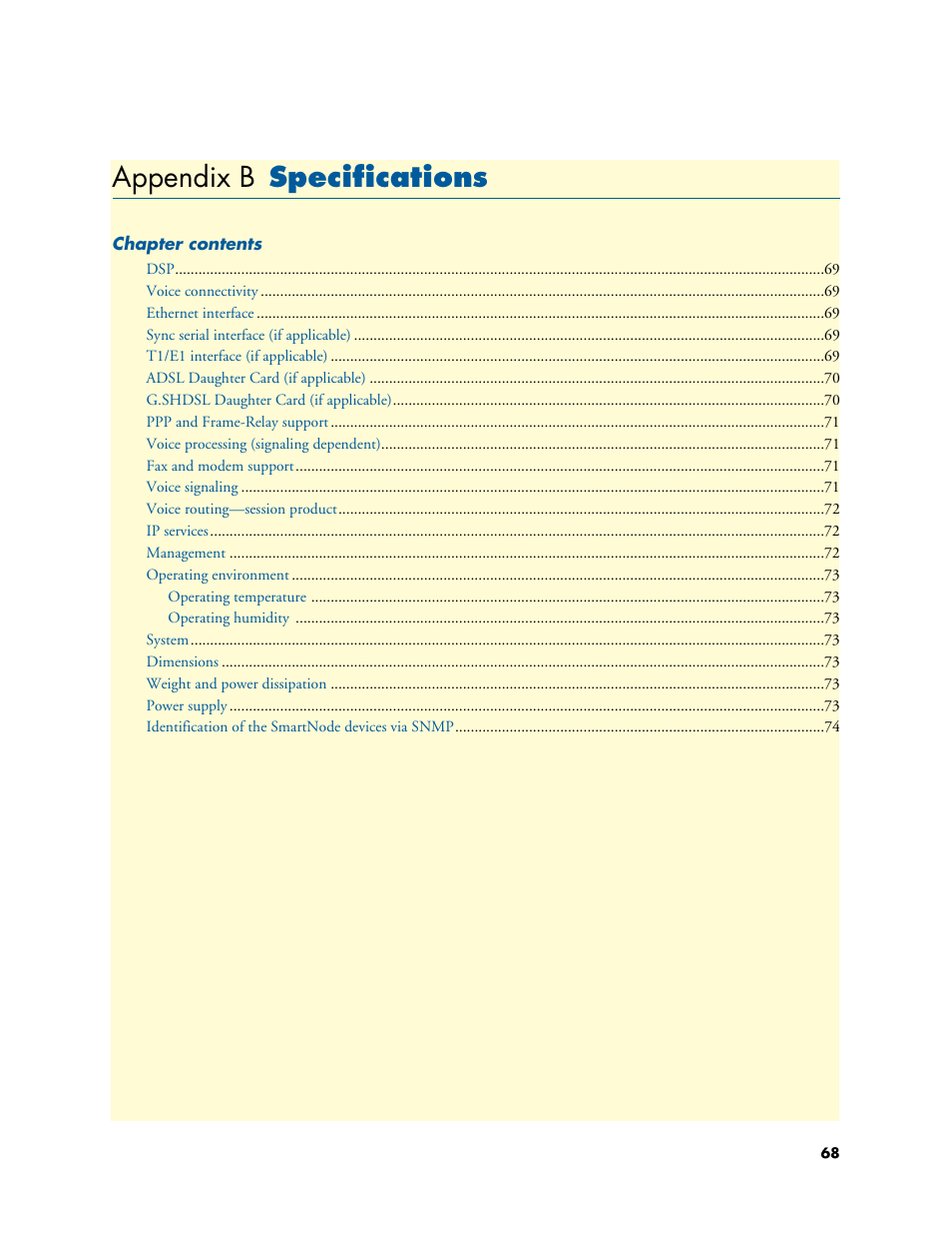 Appendix b specifications, Specifications, Appendix b | Ppendix b | Patton electronic SmartNode 4830 Series User Manual | Page 68 / 89