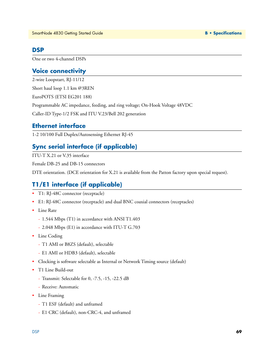 Voice connectivity, Ethernet interface, Sync serial interface (if applicable) | T1/e1 interface (if applicable) | Patton electronic SmartNode 4830 Series User Manual | Page 69 / 89