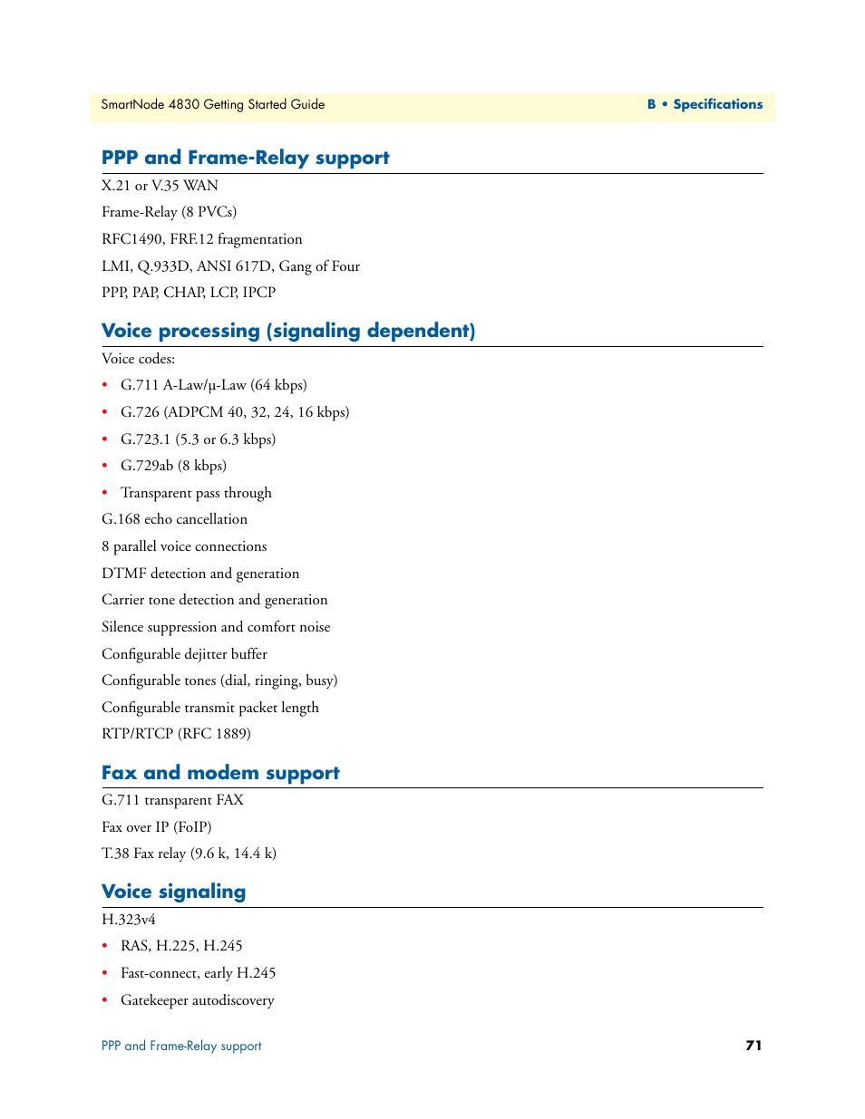 Ppp and frame-relay support, Voice processing (signaling dependent), Fax and modem support | Voice signaling | Patton electronic SmartNode 4830 Series User Manual | Page 71 / 89