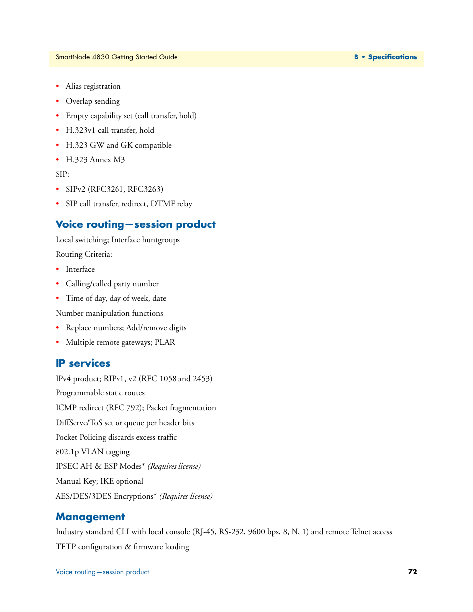 Voice routing—session product, Ip services, Management | Patton electronic SmartNode 4830 Series User Manual | Page 72 / 89