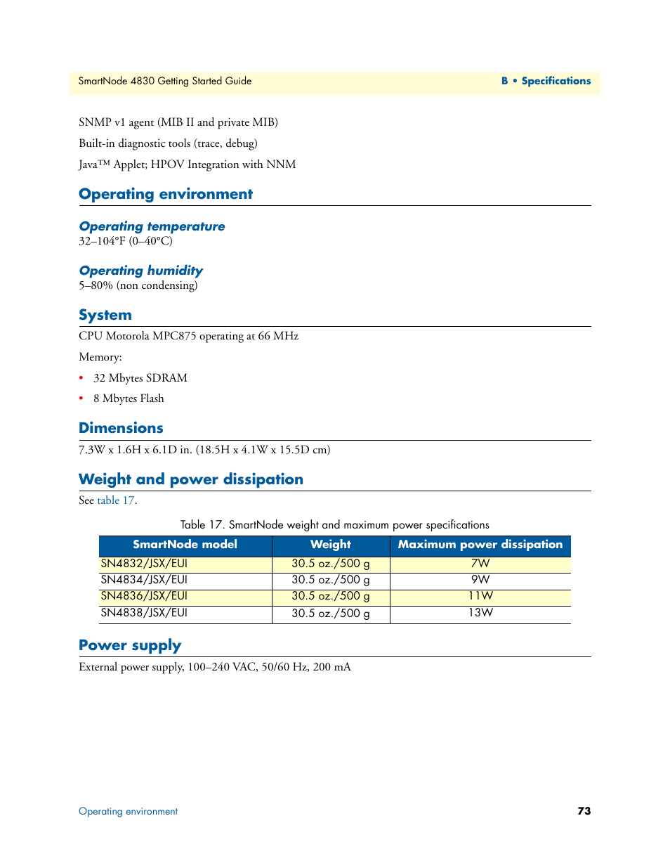 Operating environment, Operating temperature, Operating humidity | System, Dimensions, Weight and power dissipation, Power supply, Smartnode weight and maximum power specifications | Patton electronic SmartNode 4830 Series User Manual | Page 73 / 89