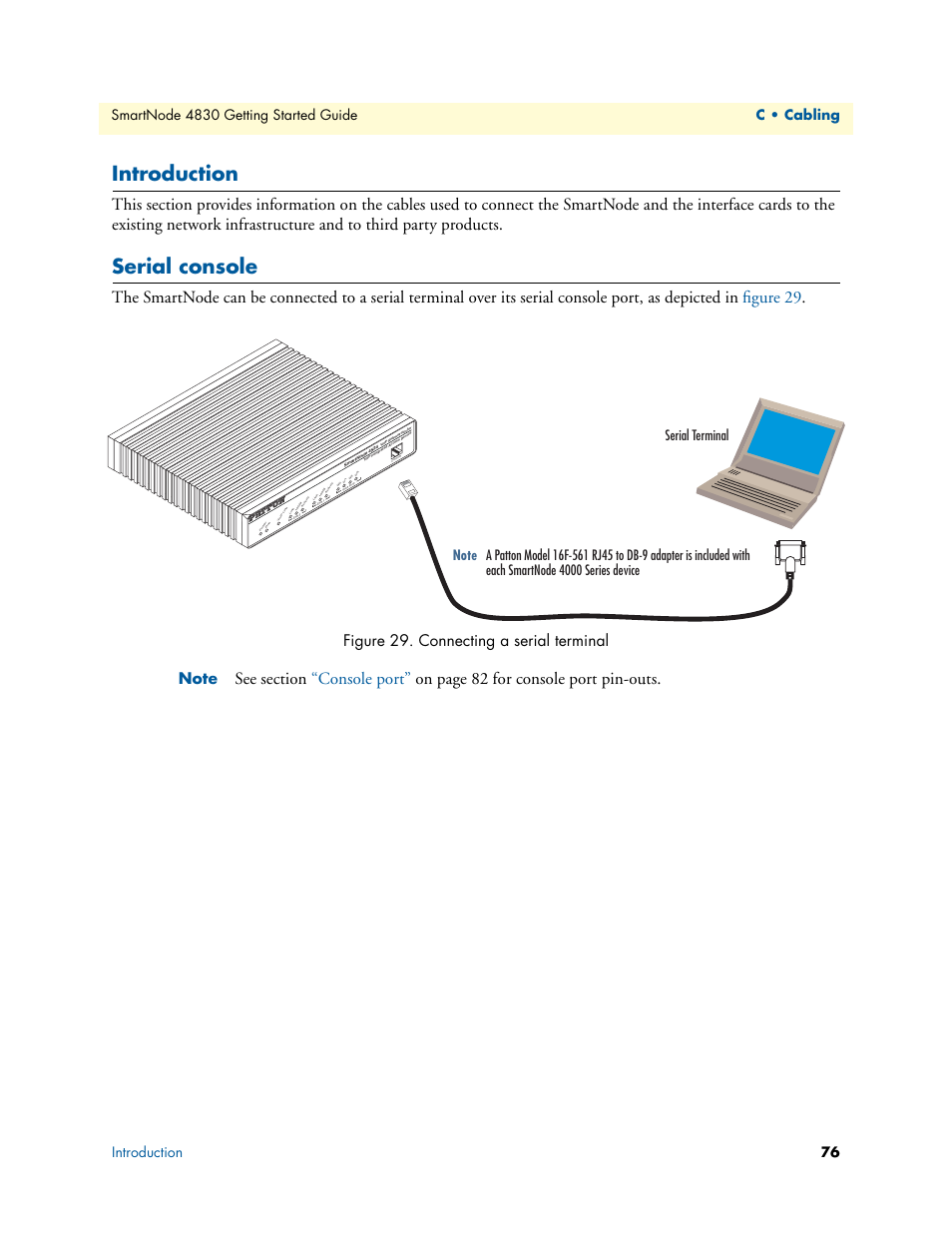 Introduction, Serial console, Connecting a serial terminal | Patton electronic SmartNode 4830 Series User Manual | Page 76 / 89