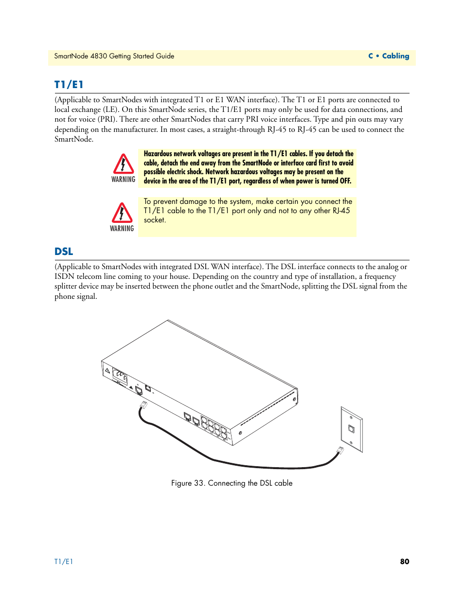 T1/e1, Connecting the dsl cable | Patton electronic SmartNode 4830 Series User Manual | Page 80 / 89