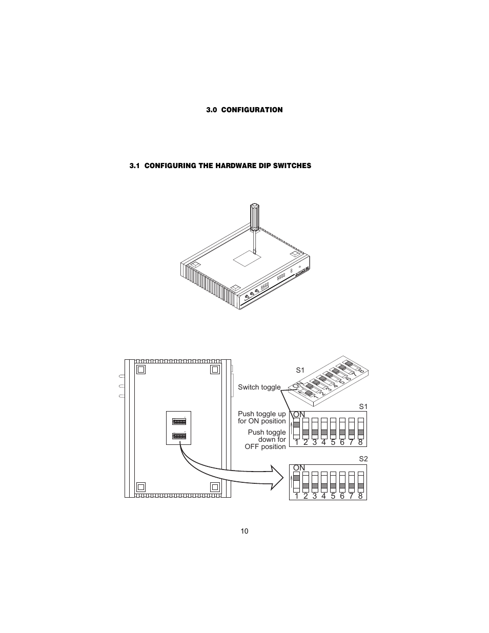 0 configuration, 1 configuring the hardware dip switches, Configuration | Configuring the hardware dip switches, Link ns link ns, S1 s2 | Patton electronic 1194 User Manual | Page 10 / 24