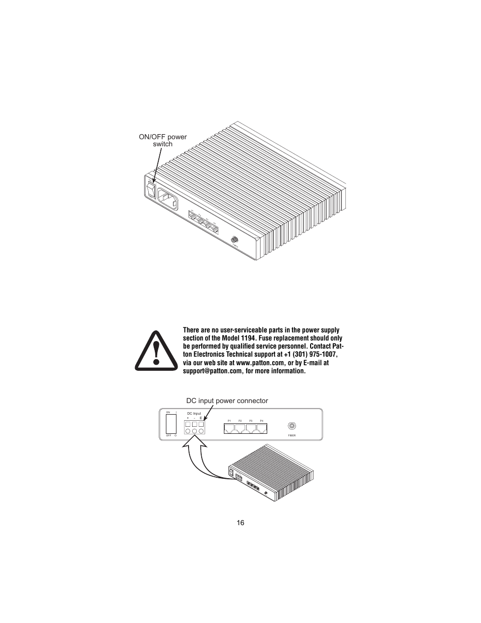 Connecting to a dc power source, On/off power switch on of f | o p1 p2 p3 p4 fib er, Dc input power connector | Patton electronic 1194 User Manual | Page 16 / 24