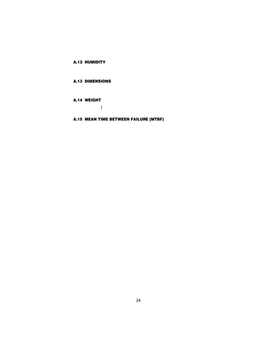 A.12 humidity, A.13 dimensions, A.14 weight | A.15 mean time between failure (mtbf) | Patton electronic 1194 User Manual | Page 24 / 24