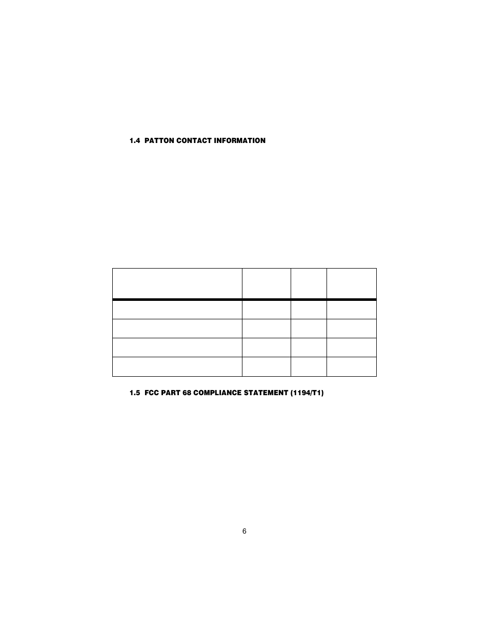 4 patton contact information, 5 fcc part 68 compliance statement (1194/t1), Patton contact information | Fcc part 68 compliance statement (1194/t1) | Patton electronic 1194 User Manual | Page 6 / 24