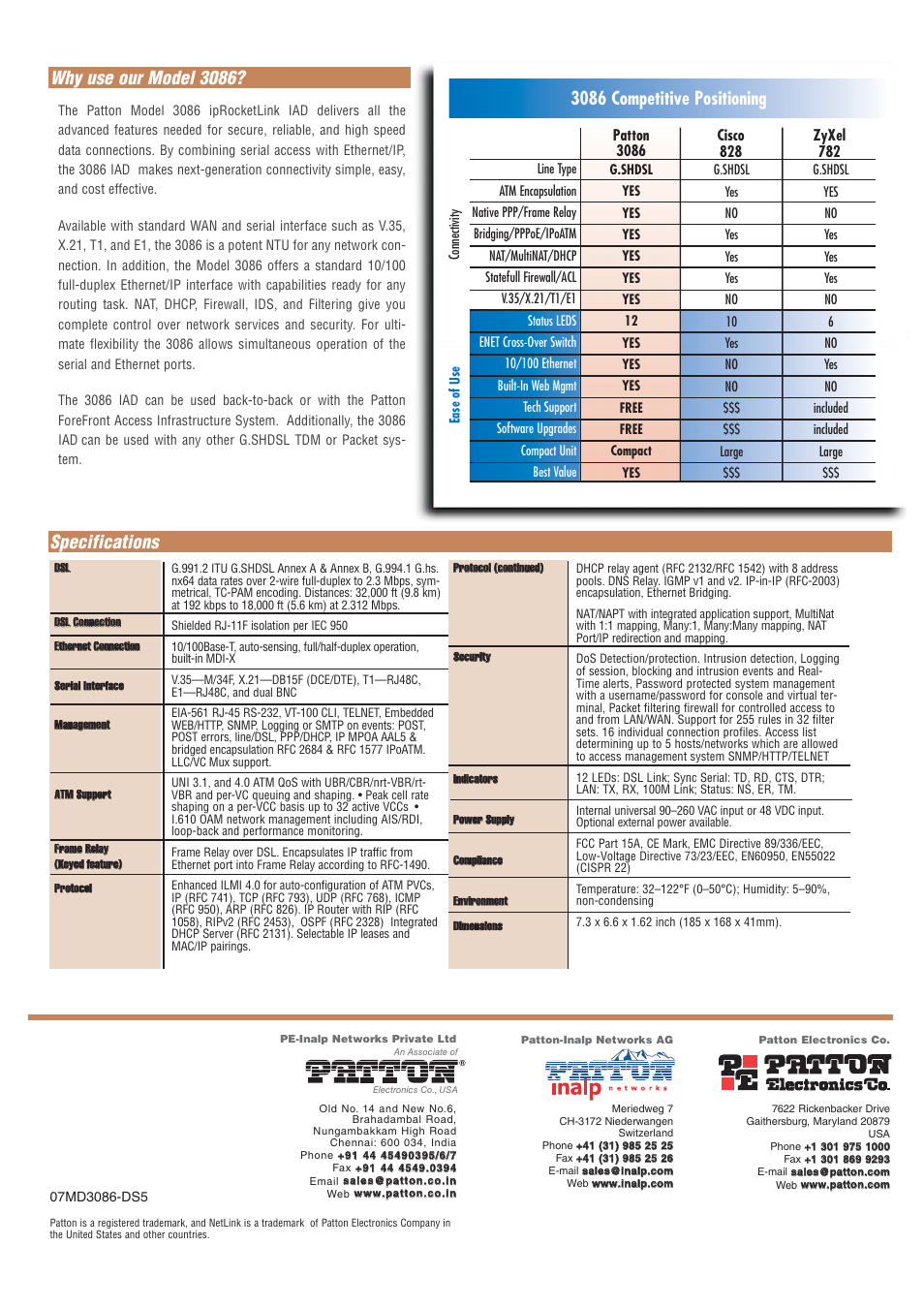 Specifications why use our model 3086, 3086 competitive positioning, Patton 3086 | Patton electronic ipRocketLink IAD 3086 User Manual | Page 2 / 2