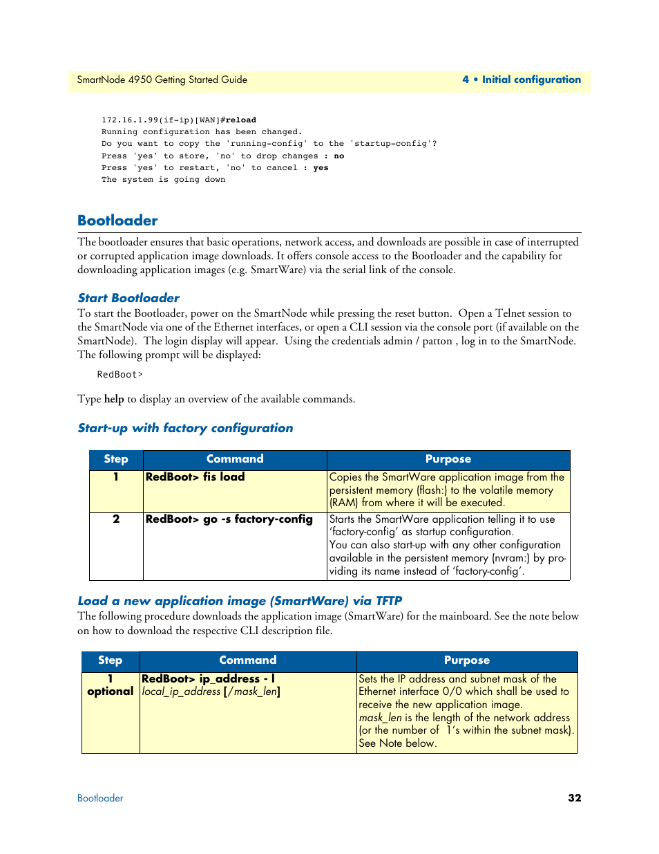 Bootloader, Start bootloader, Start-up with factory configuration | Load a new application image (smartware) via tftp | Patton electronic SMARTNODE 4950 User Manual | Page 32 / 67