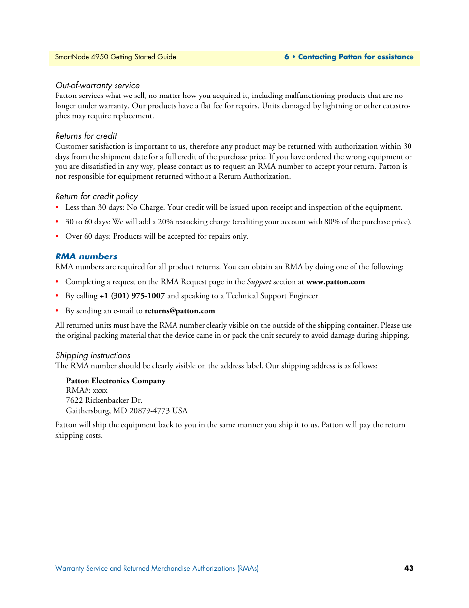 Out-of-warranty service, Returns for credit, Return for credit policy | Rma numbers, Shipping instructions | Patton electronic SMARTNODE 4950 User Manual | Page 43 / 67