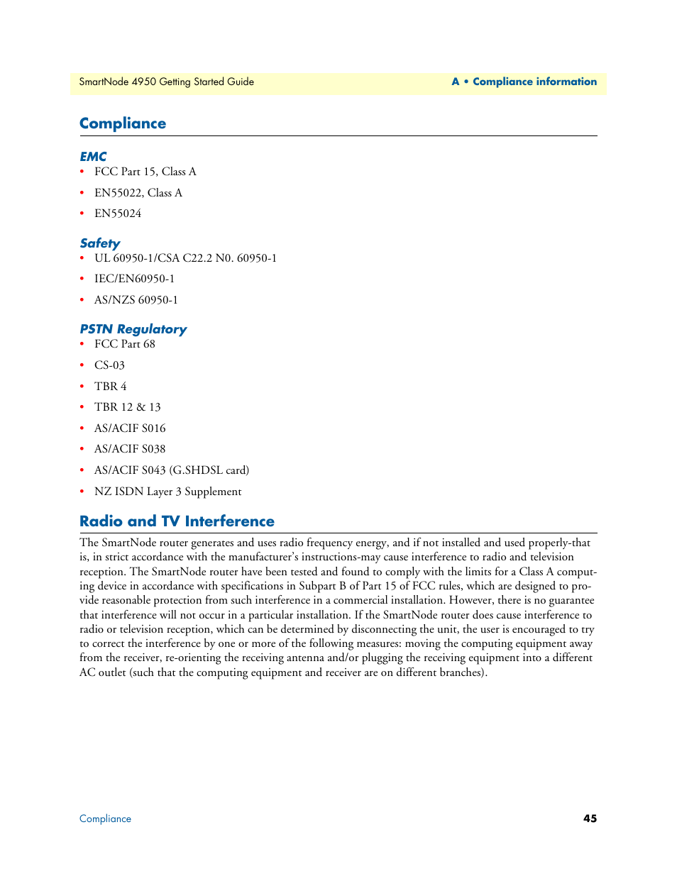 Compliance, Safety, Pstn regulatory | Radio and tv interference | Patton electronic SMARTNODE 4950 User Manual | Page 45 / 67